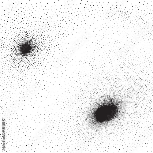 Two dark circular voids dominate a speckled white background creating a stark contrast.