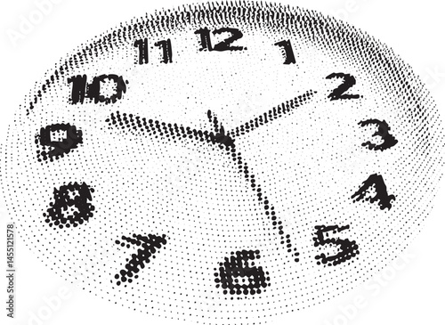 A circular clock face displays numerals against a textured background.