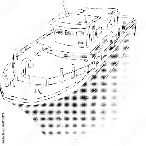 A detailed black and white sketch depicts a large ship navigating through choppy waters.