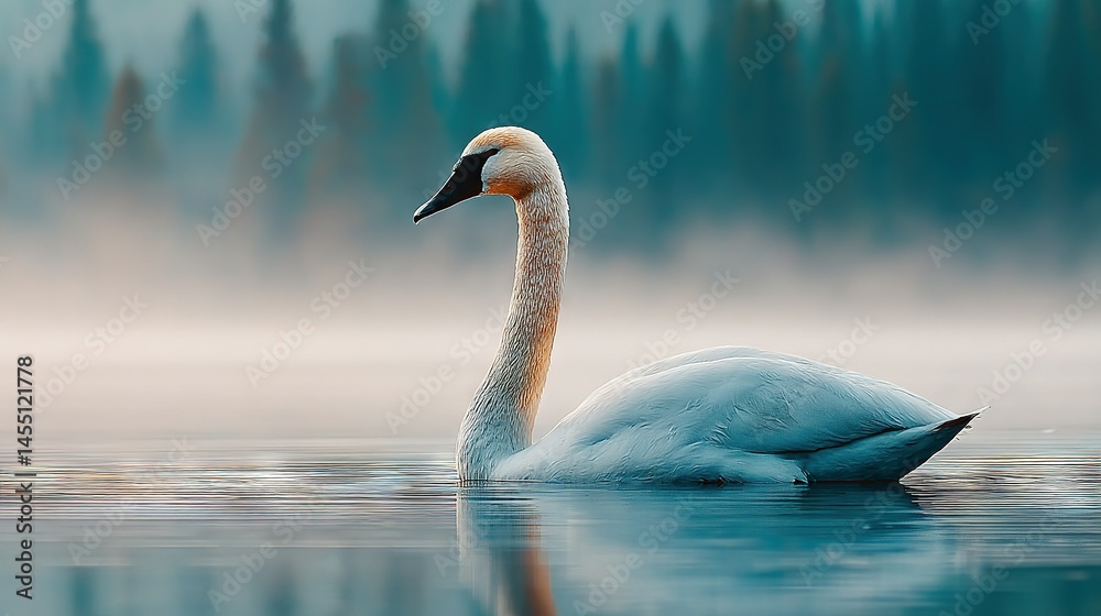 Fototapeta premium A majestic, snow-white swan glides effortlessly over a serene lake surrounded by lush, emerald pine forests