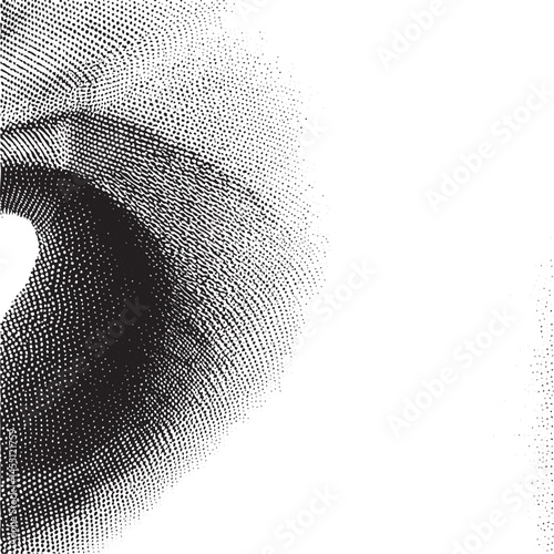 A stark dynamic black-and-white halftone creates a sense of depth and movement.