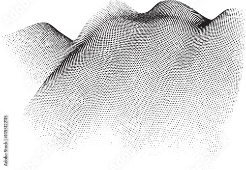 A dynamic textured wave emerges from black dots against a white background.
