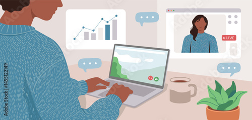 Remote Work and Online Collaboration, Man Working on Laptop with Video Call and Data Analysis Illustration 
