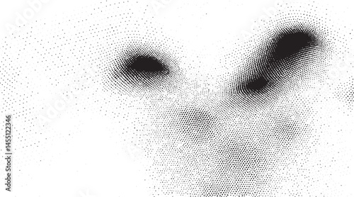 Two dark blurred eyes appear within a textured white background.