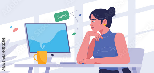 Remote Work and Online Collaboration, Man Working on Laptop with Video Call and Data Analysis Illustration 
