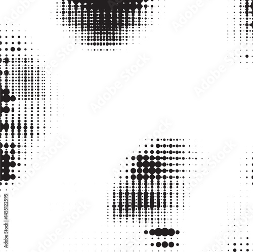 A dynamic black-and-white of scattered circular dots forms an abstract facial representation.