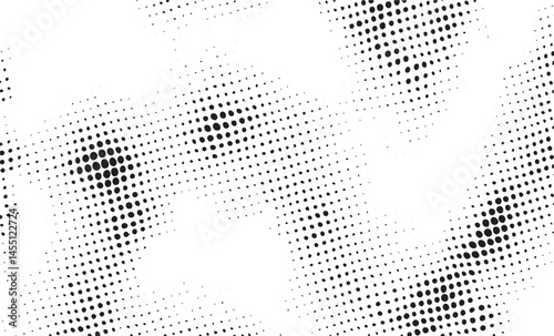 A dynamic abstract of numerous small black dots layered over a bright white background.