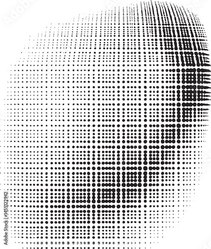 A vast symmetrical grid of dark dots gradually transitions into white spaces on a spherical form.