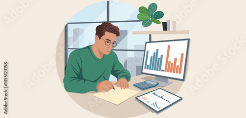Young man working remotely on laptop with productivity growth chart, urban background and digital work concept
