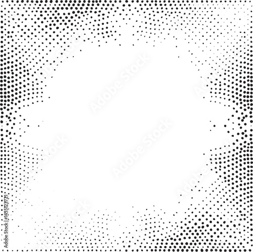 A dense textured circular frame comprised of numerous small black dots against a white background.