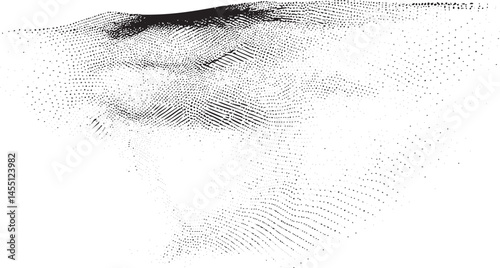A close-up portrait reveals a textured abstract face with scattered dots.