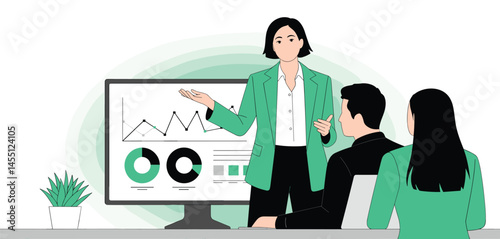 Team discussing key performance indicators with charts and graphs during a business meeting, analytics and corporate strategy concept
