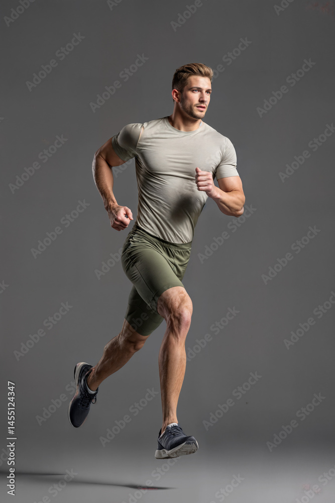 Handsome caucasian man running, wearing short sleeve shirt and shorts, sports running, fitness, gray background Handsome caucasian man running, wearing short sleeve shirt and shorts, sports running, fitness, gray background