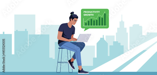 Young man working remotely on laptop with productivity growth chart, urban background and digital work concept
