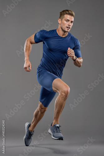 Handsome caucasian man running, wearing short sleeve shirt and shorts, sports running, fitness, gray background