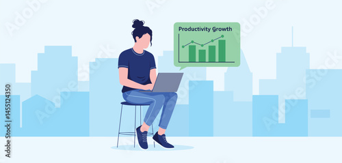 Young man working remotely on laptop with productivity growth chart, urban background and digital work concept
