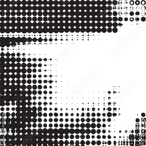 A dense array of black circles forms a geometric against a white background.