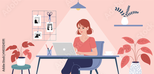 Woman Working from Home on Laptop, Cozy Home Office and Remote Work Concept Illustration 
