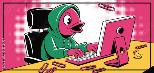Surreal illustration of humanoid fish character in hoodie typing on computer, pop art style concept representing internet culture and digital identity
