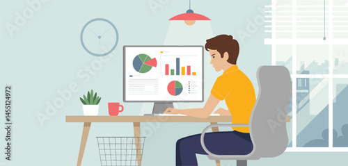 Young man working remotely on laptop with productivity growth chart, urban background and digital work concept
