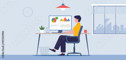 Young man working remotely on laptop with productivity growth chart, urban background and digital work concept

