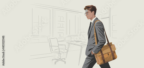 Stylish businessman in gray suit and glasses walking confidently with a messenger bag, modern professional in corporate office setting
