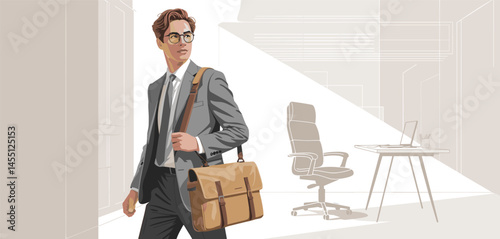 Stylish businessman in gray suit and glasses walking confidently with a messenger bag, modern professional in corporate office setting
