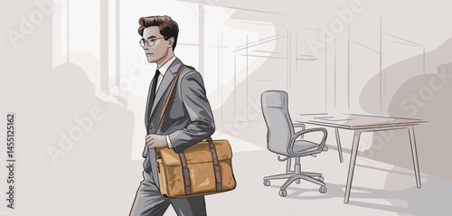 Stylish businessman in gray suit and glasses walking confidently with a messenger bag, modern professional in corporate office setting

