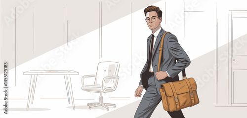 Stylish businessman in gray suit and glasses walking confidently with a messenger bag, modern professional in corporate office setting
