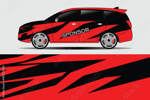 Sporty red and black car design with dynamic graphics