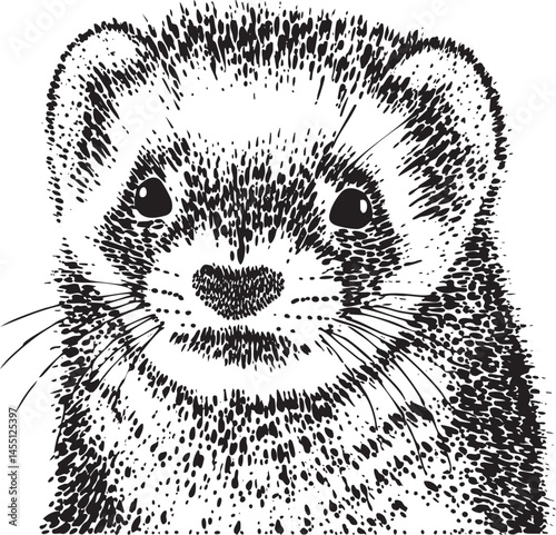 A black and white sketch portrays a curious ferret with expressive eyes.
