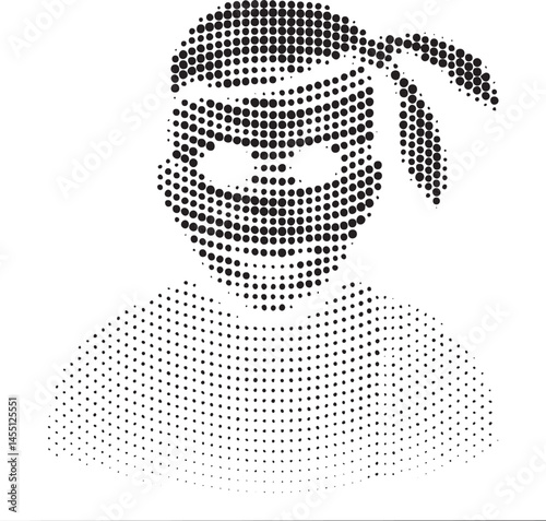 A stylized black-and-white portrait depicts a figure with a bandana and eye covering.