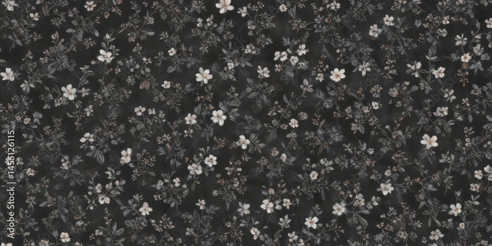 Fototapeta premium Elegant charcoal small floral wallpaper Intricate, seamless pattern with tiny blossoms , charcoal, flowers, art