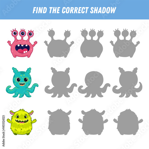 Find correct shadow of cute monsters. Educational logical game for kids. Halloween game. Cartoon monsters. Vector