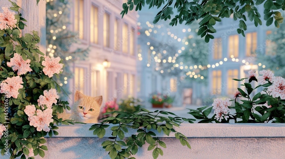 Fototapeta premium A cat resting beside a pink flowering bush and a distant building