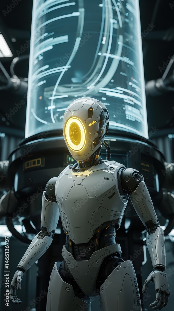 Fototapeta premium Robot with single yellow eye and circuitry in dark futuristic setting