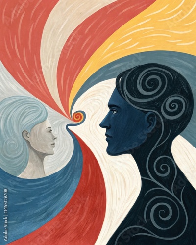 An abstract painting where contrasting colors and shapes swirl together representing the chaotic nature of human emotions and how they influence perception.