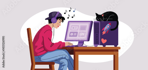 Young Person Listening to Music While Working on Computer, Relaxed Work from Home Setup Illustration 
