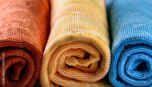 Rolled terrycloth towels in orange, yellow, and blue colors are arranged closely together.
