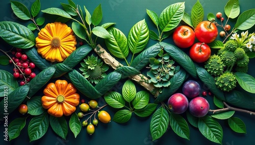 Interlocking natural elements create a rhythmic visual sequence , details, symmetrical