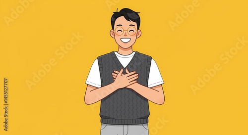 A smiling young man with glasses expressing gratitude or appreciation, standing against a vivid yellow backdrop radiates positivity and heartfelt emotion photo