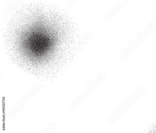 A dark circular void dominates a white background with scattered dots.