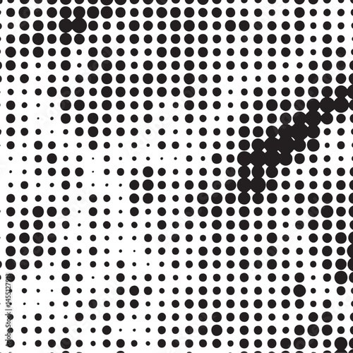 A densely patterned features a fragmented dark shape emerging from an expanse of white dots.