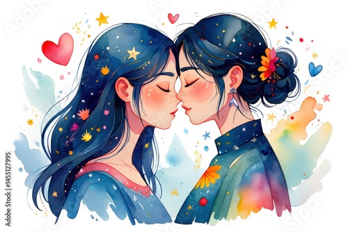 Artistic portrait of two young asian women in whimsical embrace with stars and hearts