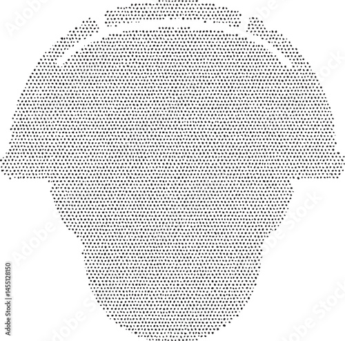 A grayscale silhouette of a stylized head with a prominent rounded hat.