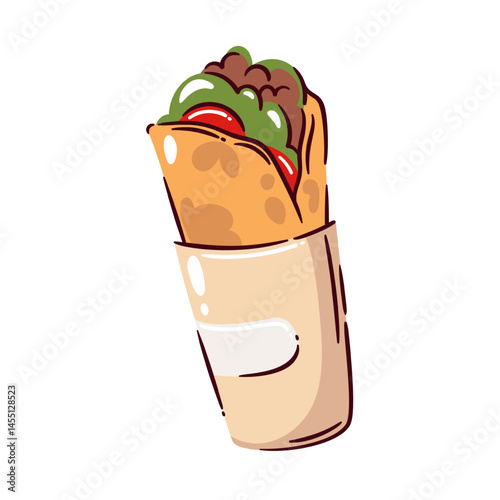 Burrito wrap filled with lettuce, tomato, and meat, wrapped in a beige tortilla. Snack in fun cartoon doodle style. Perfect for menus, stickers, or fast food design. Burrito vector illustration