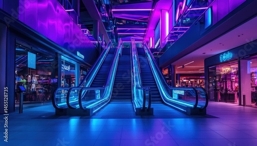 Neon illuminated escalator at night, Modern shopping mall interior with vibrant blue and purple lights, futuristic urban shopping center