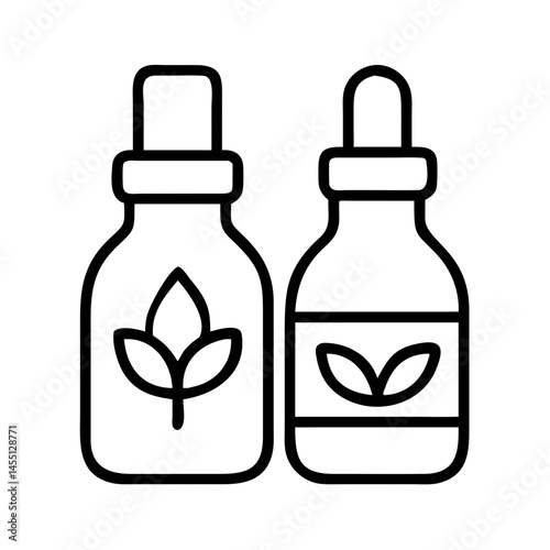 black and white outline icon of two essential oil bottles with leaf symbols, minimal natural remedy for sleep support and relaxation routine