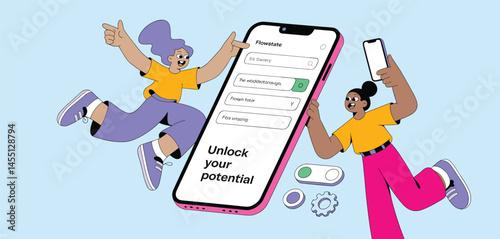 Excited characters interacting with giant smartphone and digital interface, symbolizing mobile technology, apps, and unlocking potential
