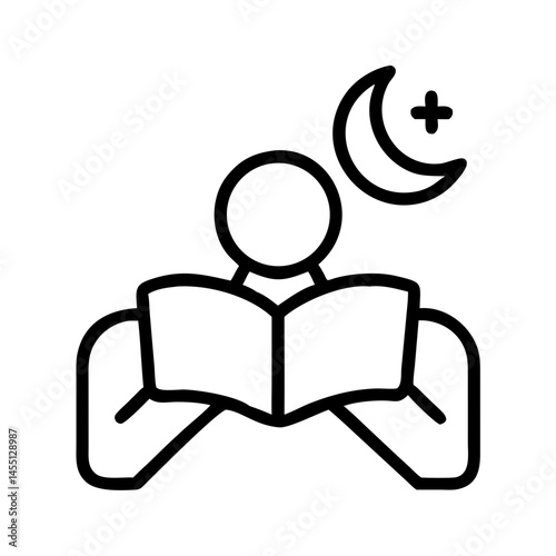 black and white outline icon of person reading book at night with moon above, minimal symbol of evening routine for healthy sleep